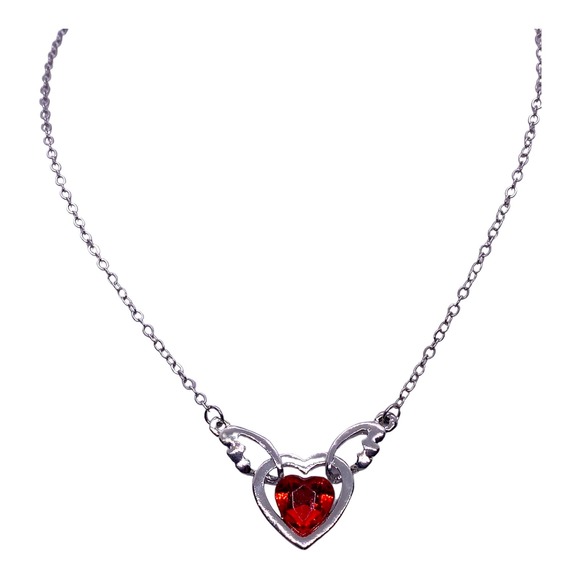 Imitation Red Ruby CZ Cubic Zirconia Gemstone Angel Wings Heart Necklace - Picture 6 of 9